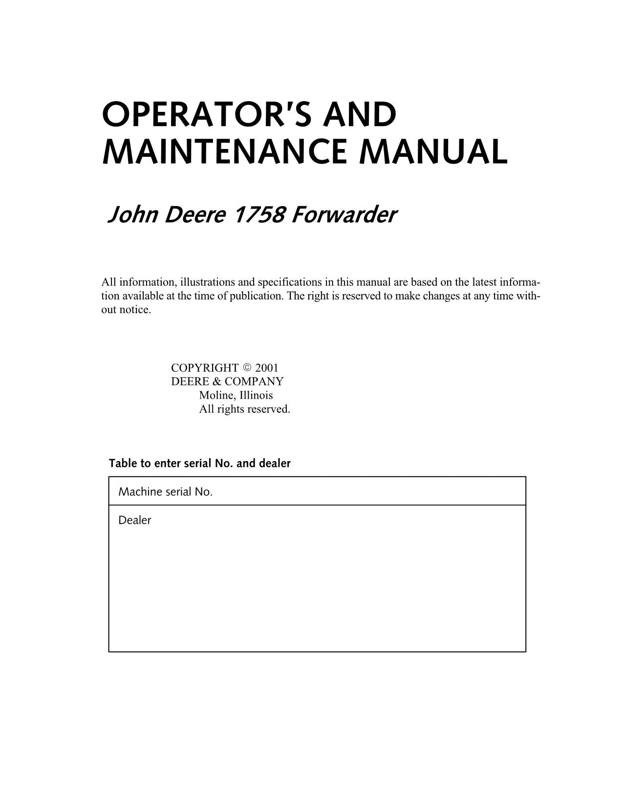 JOHN DEERE 1758 FORWARDER OPERATORS MANUAL