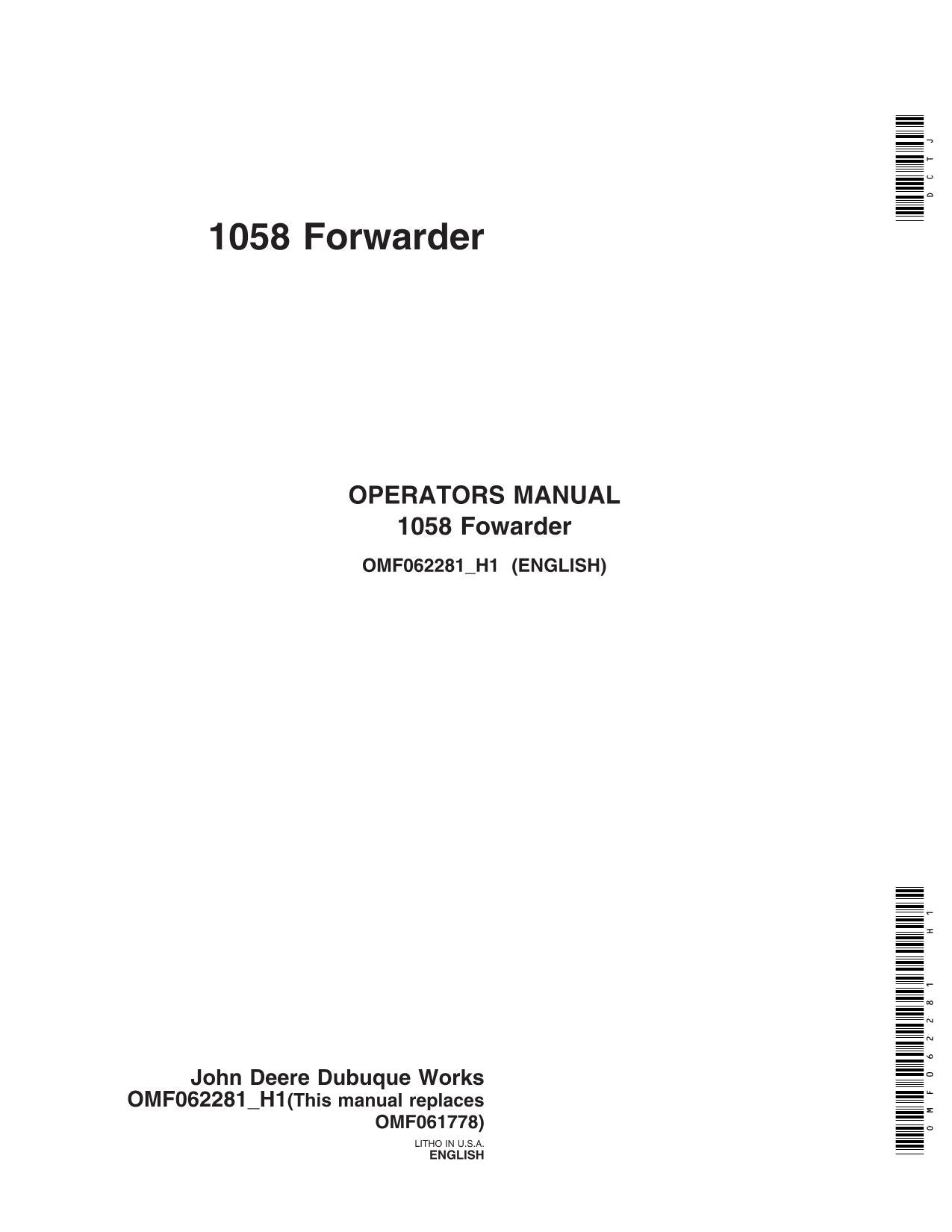 JOHN DEERE 1058 FORWARDER OPERATORS MANUAL #2