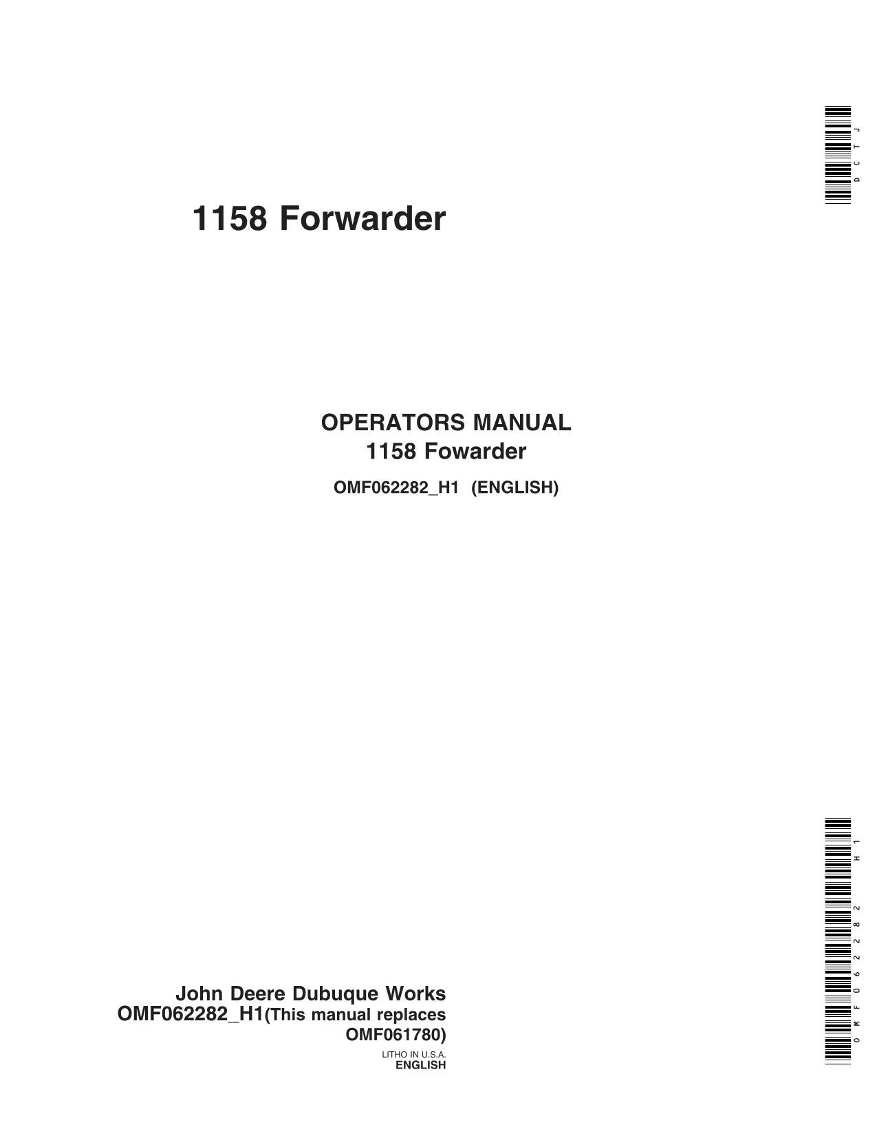 JOHN DEERE 1158 FORWARDER OPERATORS MANUAL