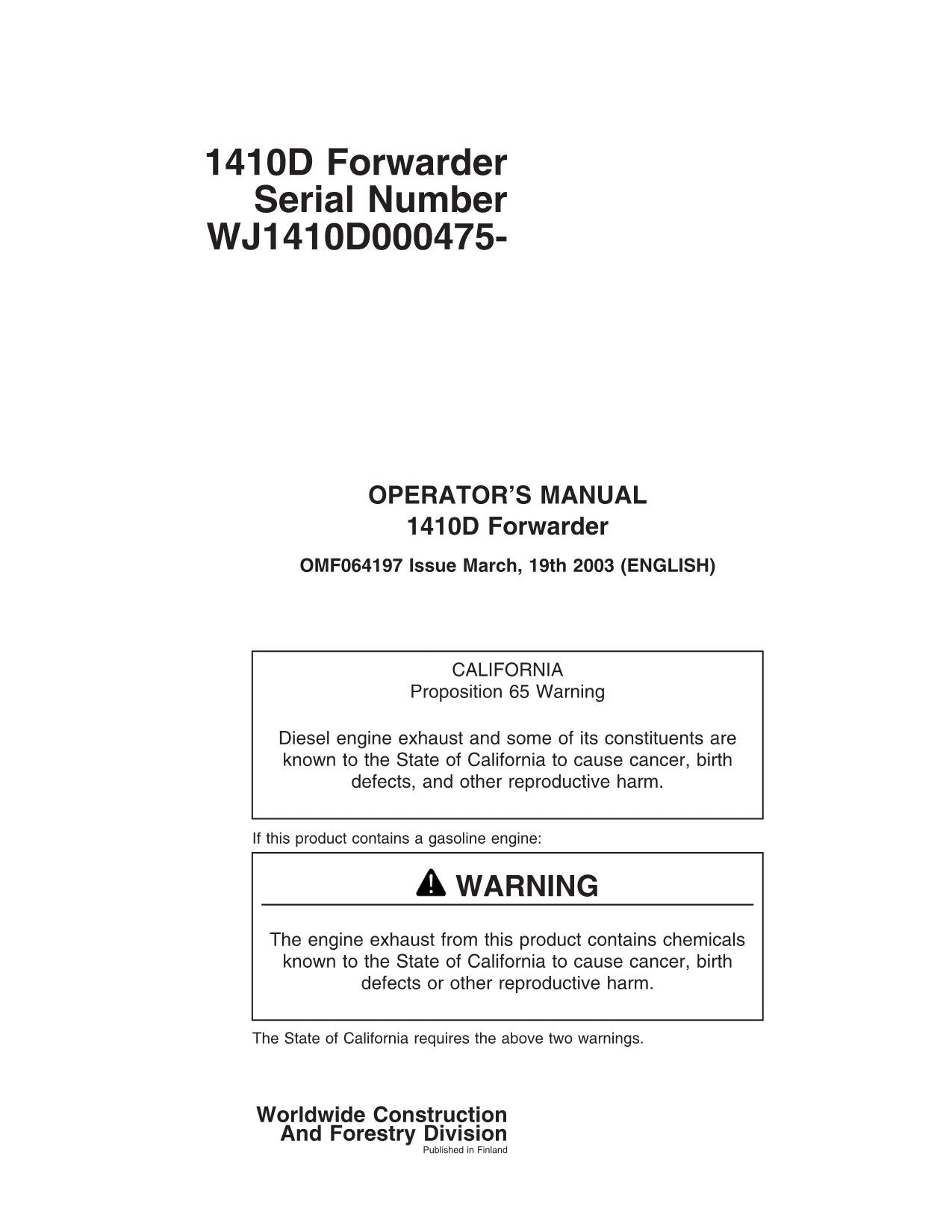 JOHN DEERE 1410D FORWARDER OPERATORS MANUAL #2