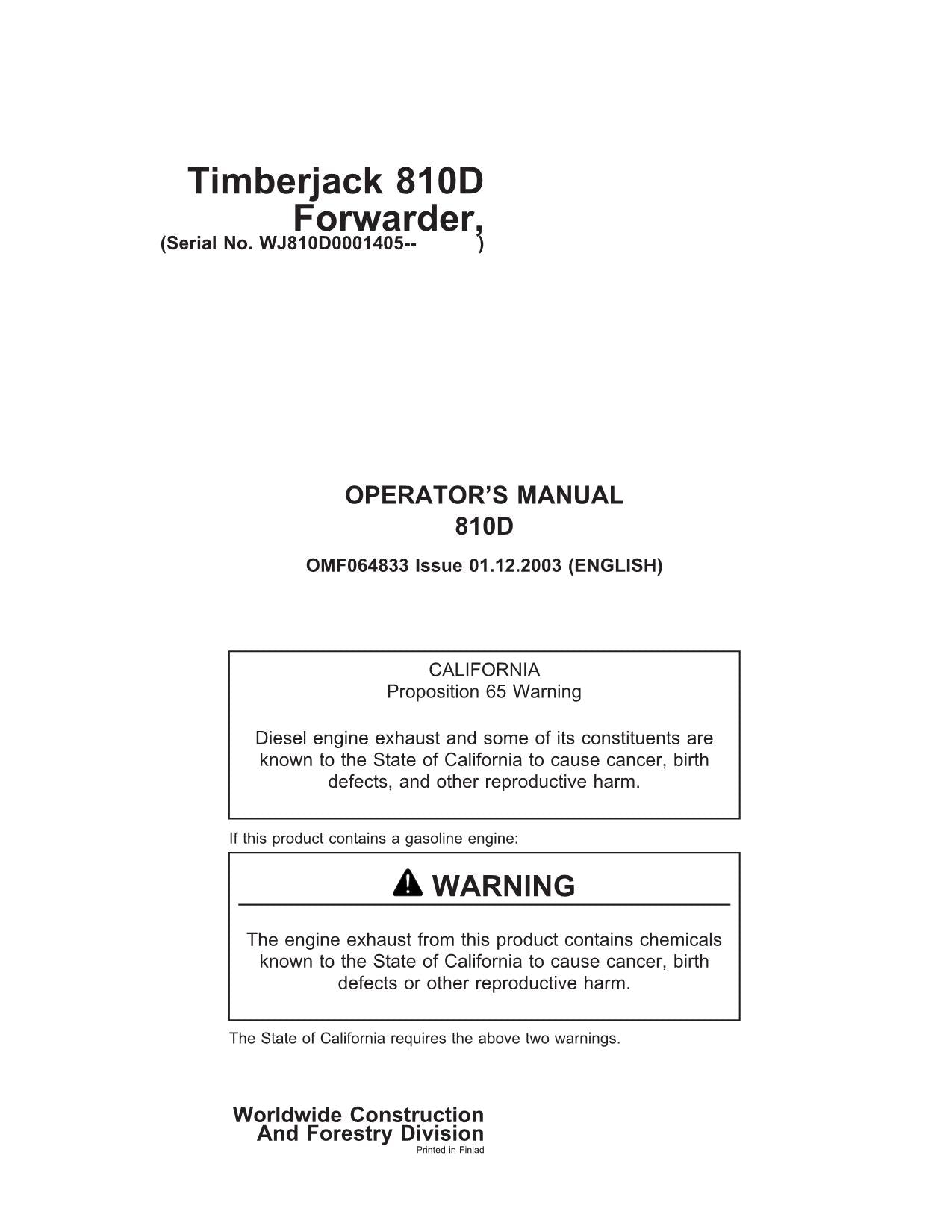 JOHN DEERE 810D FORWARDER OPERATORS MANUAL #2