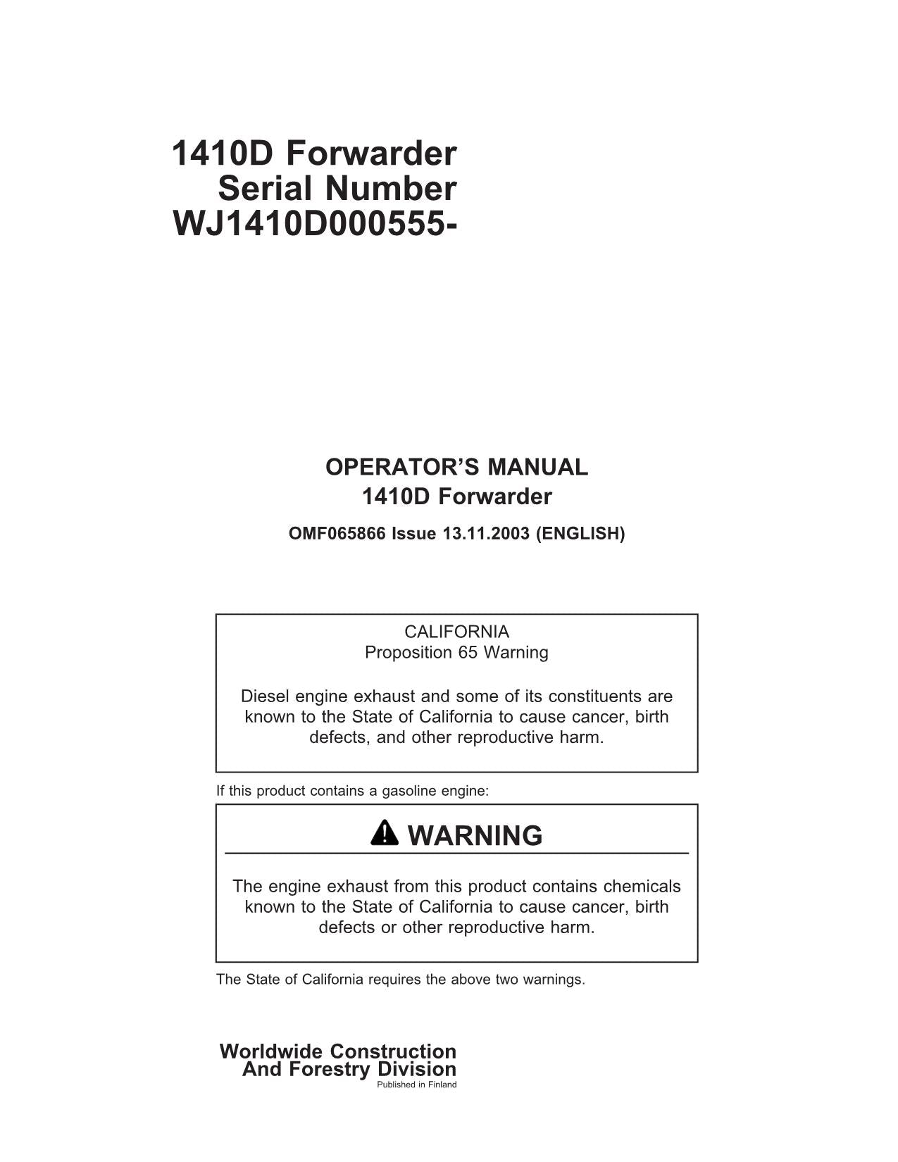 JOHN DEERE 1410D FORWARDER OPERATORS MANUAL #3