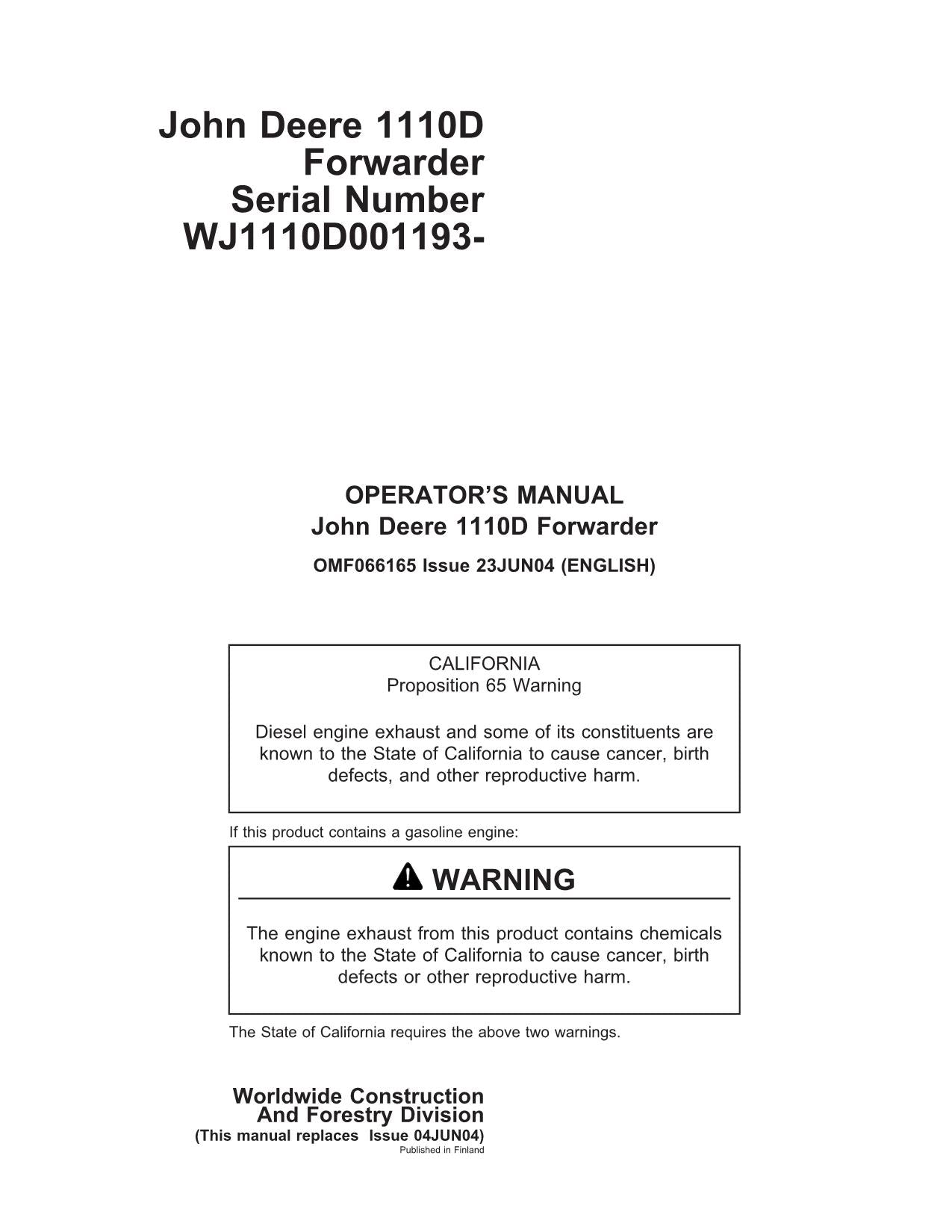 JOHN DEERE 1110D FORWARDER-BETRIEBSHANDBUCH NR. 3