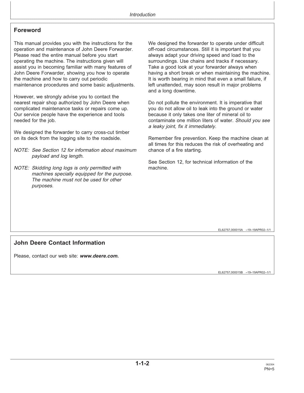 JOHN DEERE 1110D FORWARDER-BETRIEBSHANDBUCH NR. 3