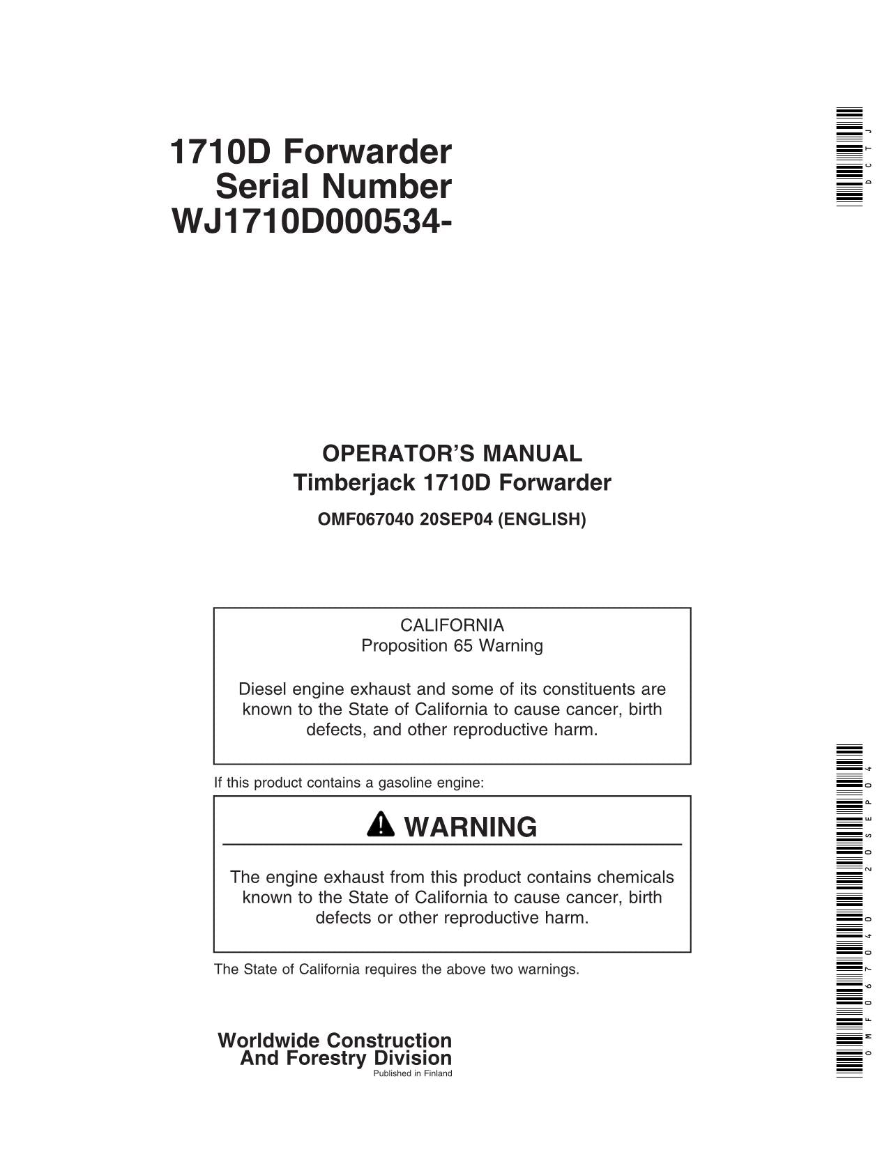 JOHN DEERE 1710D FORWARDER-BETRIEBSHANDBUCH NR. 4