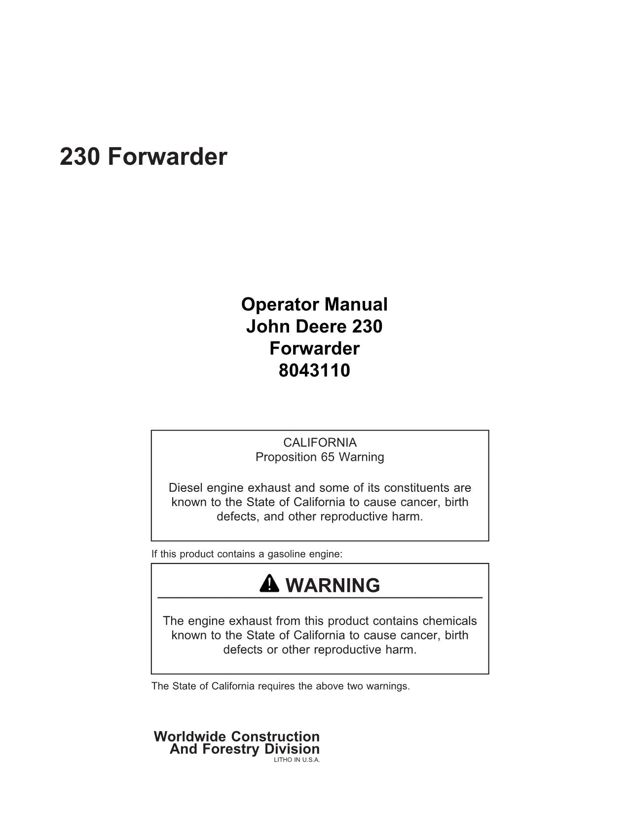 JOHN DEERE 230 FORWARDER OPERATORS MANUAL #1