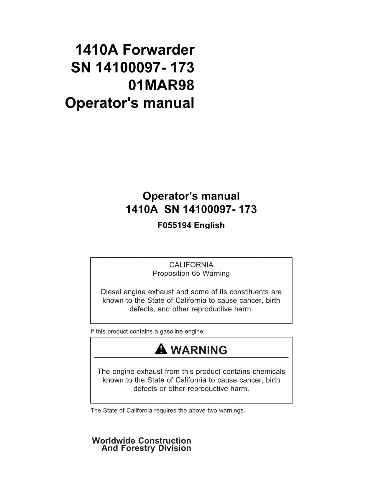 JOHN DEERE 1410 FORWARDER OPERATORS MANUAL #1