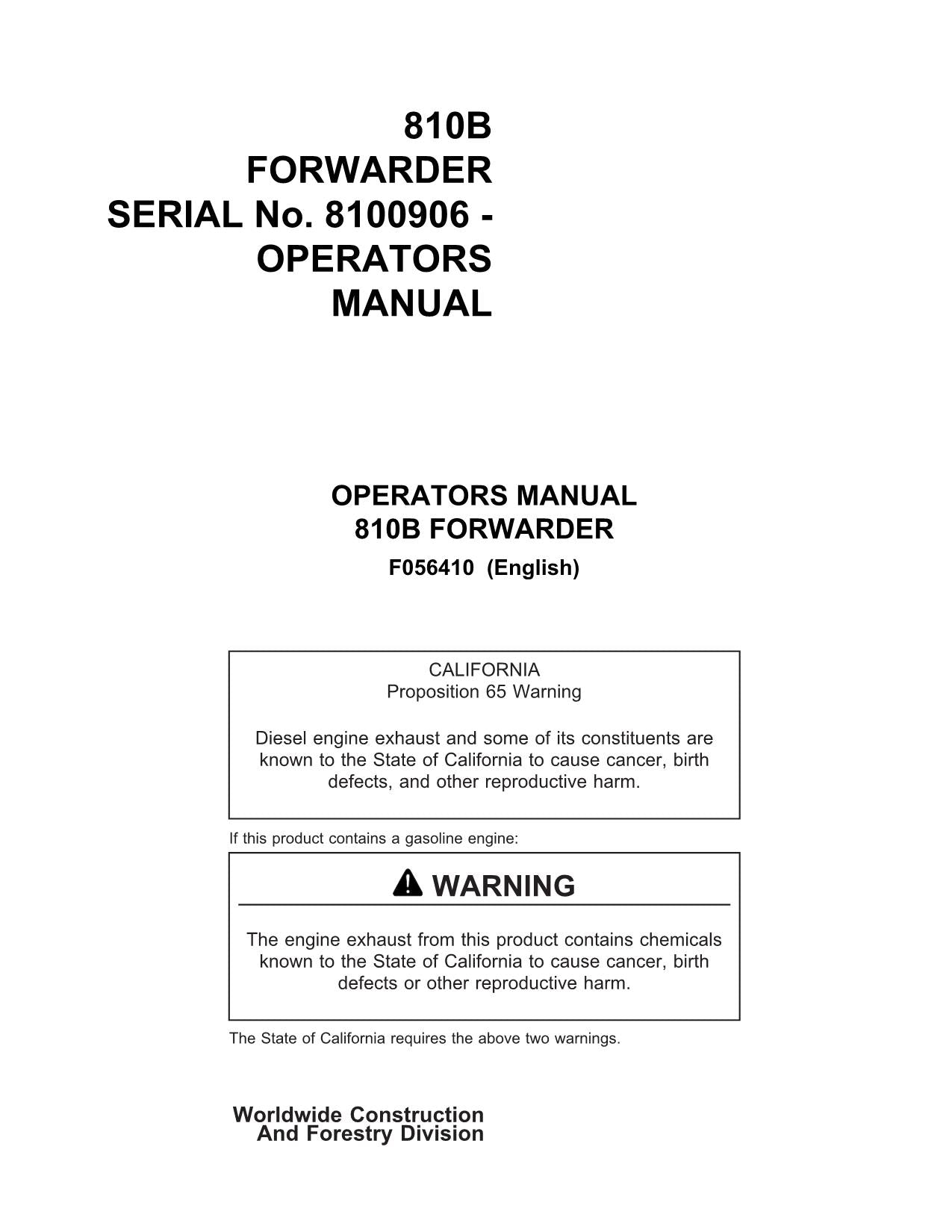 JOHN DEERE 810B FORWARDER OPERATORS MANUAL