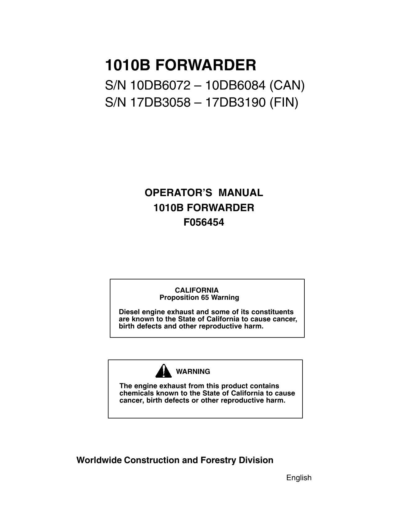 JOHN DEERE 1010B FORWARDER OPERATORS MANUAL #4