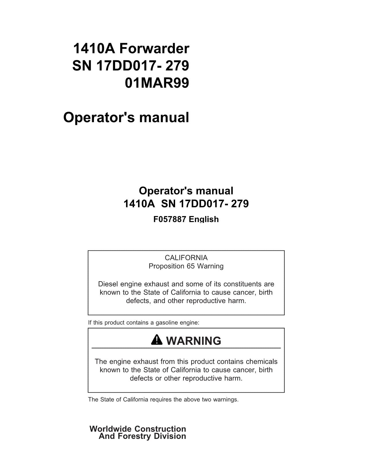 JOHN DEERE 1410 FORWARDER OPERATORS MANUAL #2