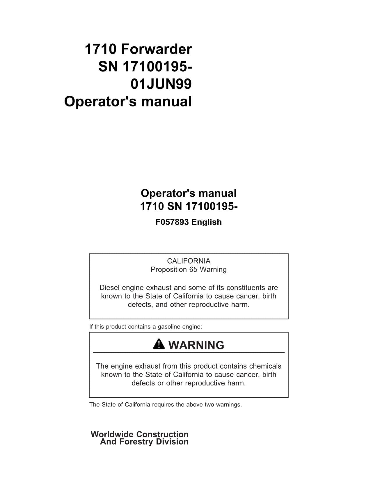 JOHN DEERE 1710 FORWARDER OPERATORS MANUAL #1