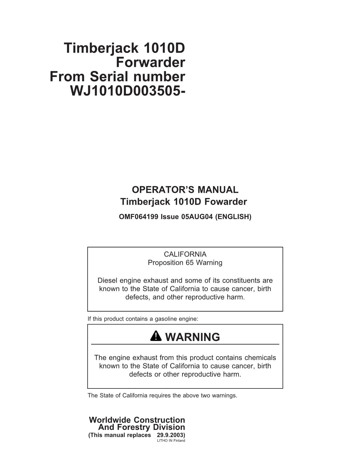 JOHN DEERE 1010D FORWARDER OPERATORS MANUAL ser.WJ1010D003505-3746