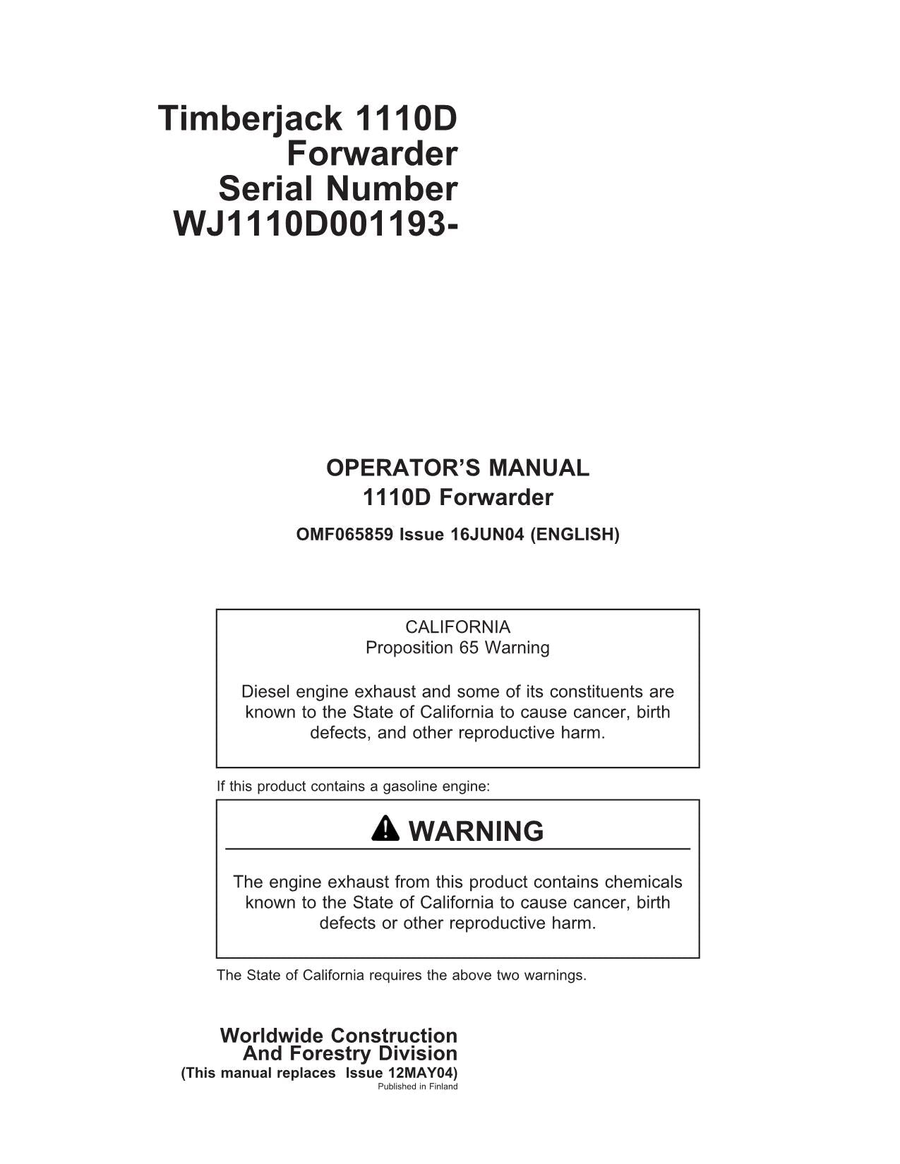 JOHN DEERE 1110D FORWARDER OPERATORS MANUAL #5