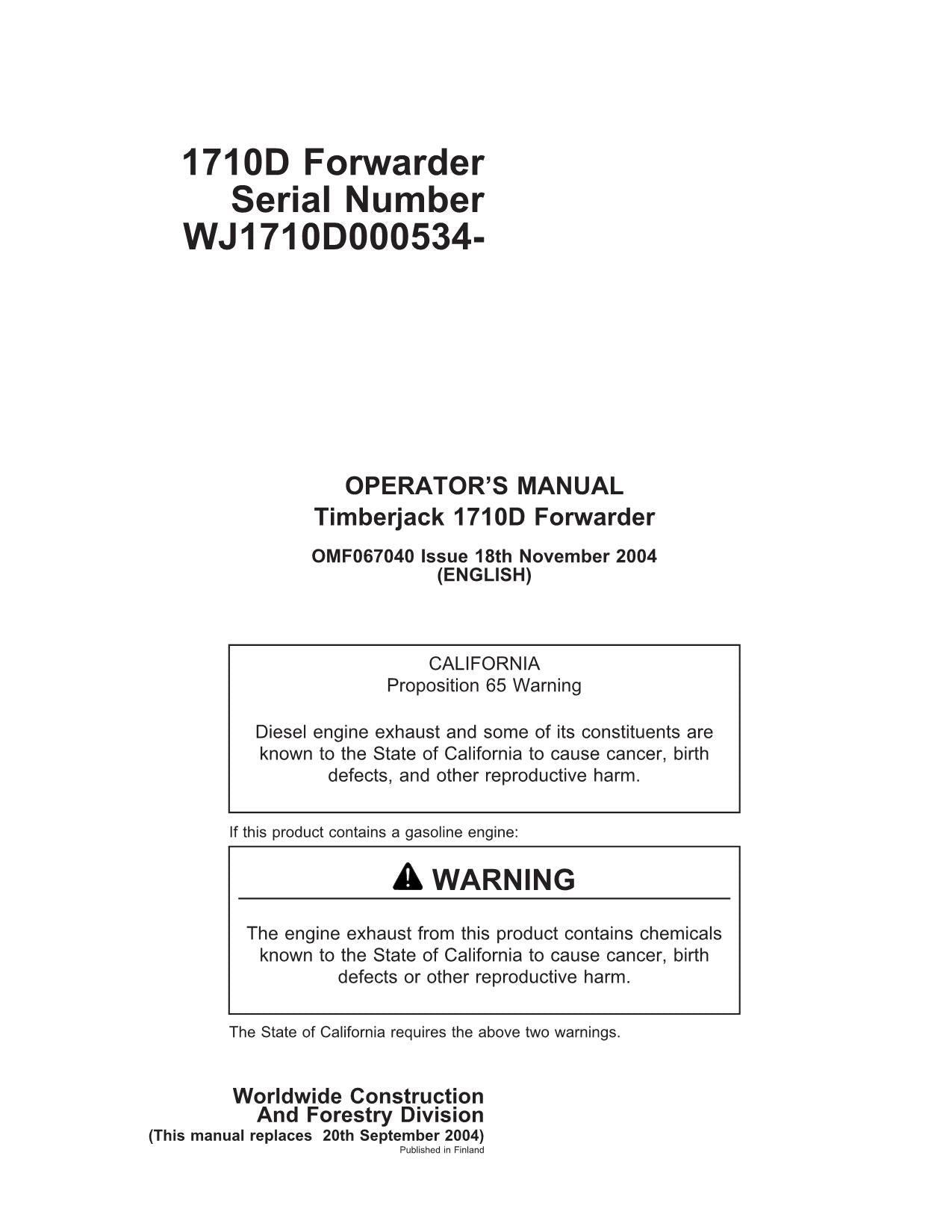 JOHN DEERE 1710D FORWARDER OPERATORS MANUAL #7