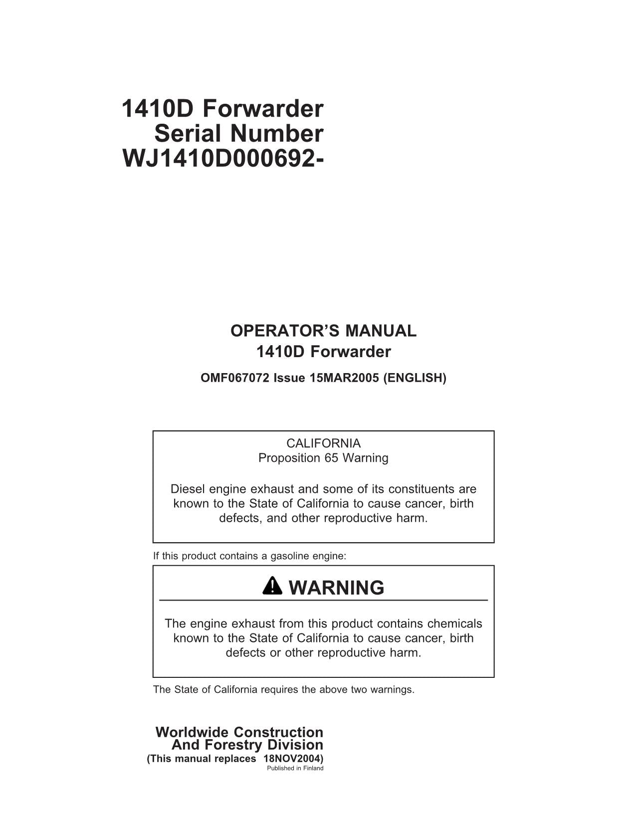 JOHN DEERE 1410D FORWARDER OPERATORS MANUAL WJ1410D000692- 829