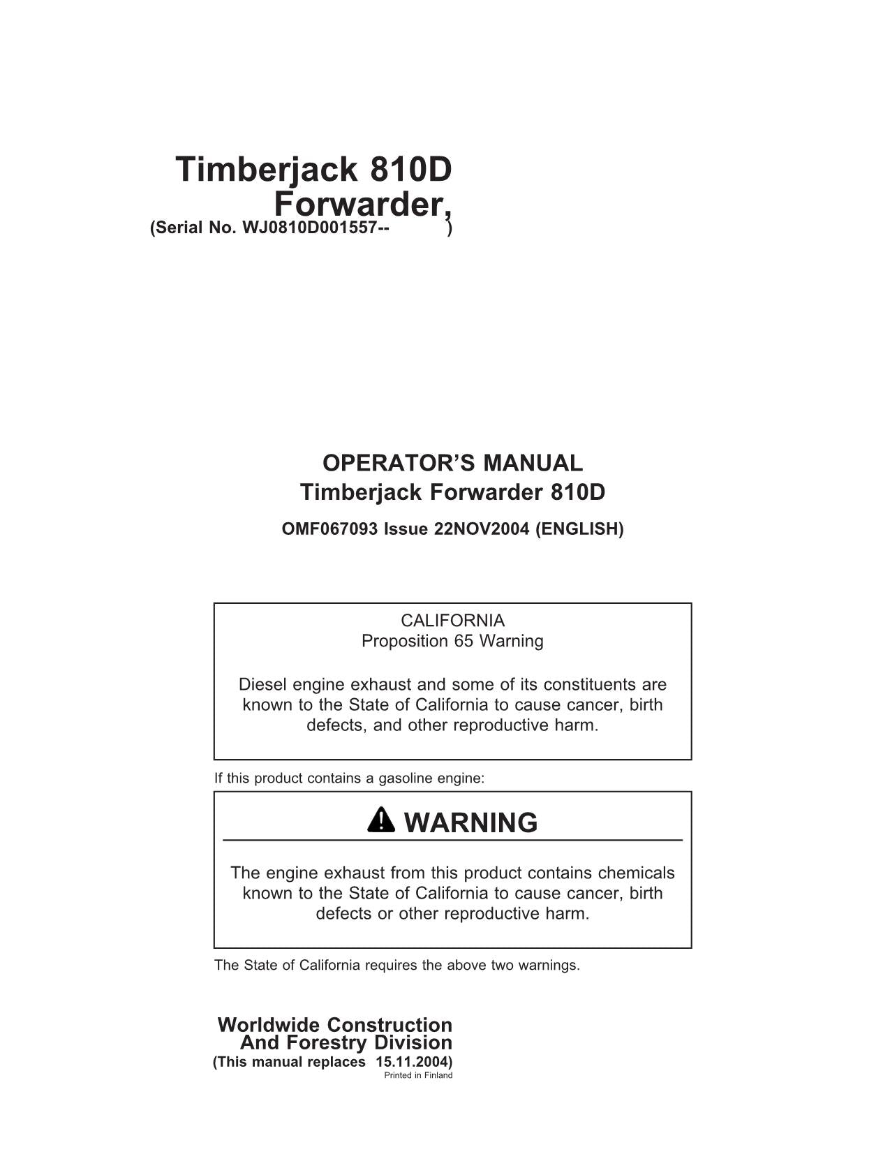 JOHN DEERE 810D FORWARDER OPERATORS MANUAL #6