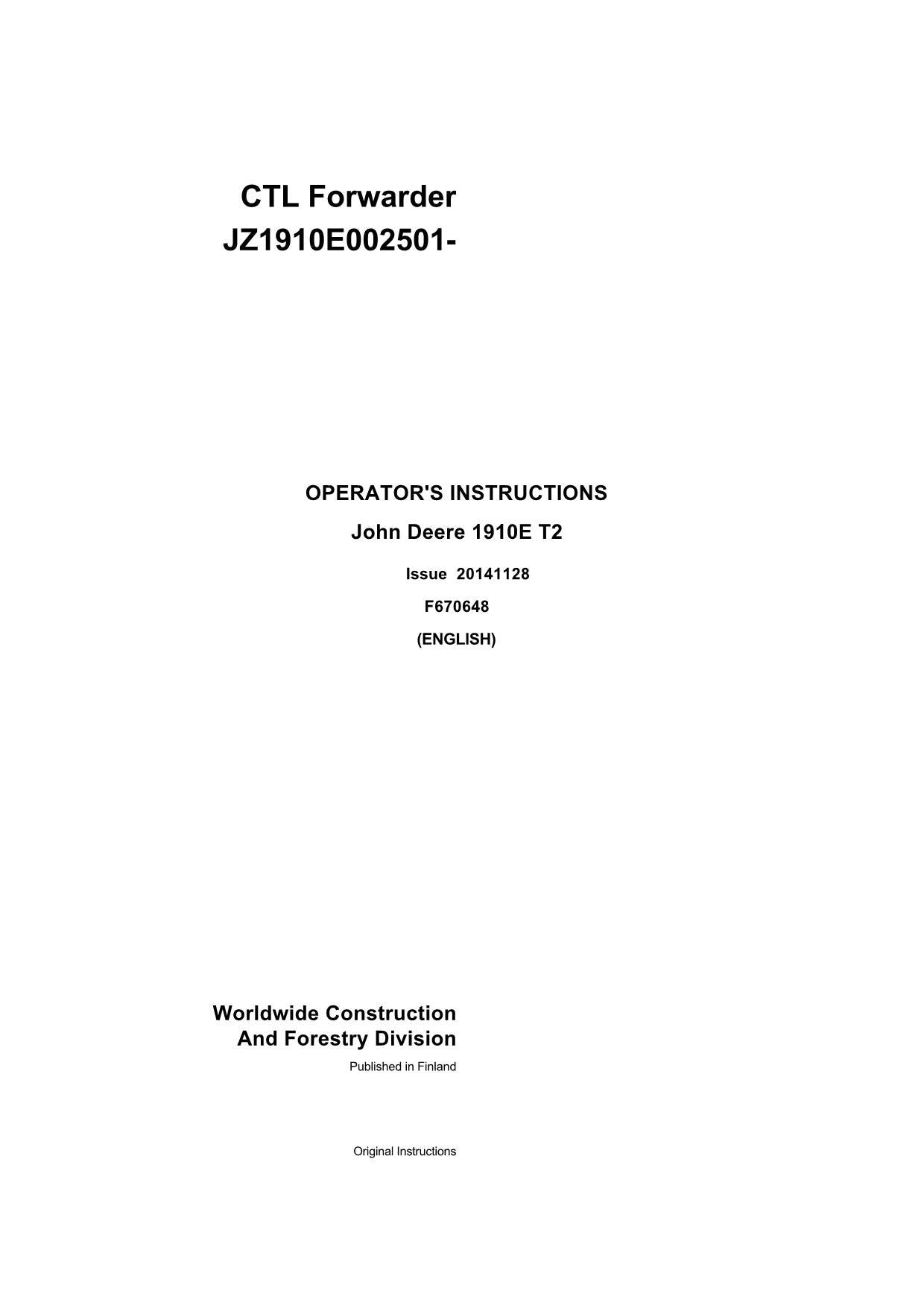 JOHN DEERE 1910E T2 FORWARDER OPERATORS MANUAL WJ1910E001465-