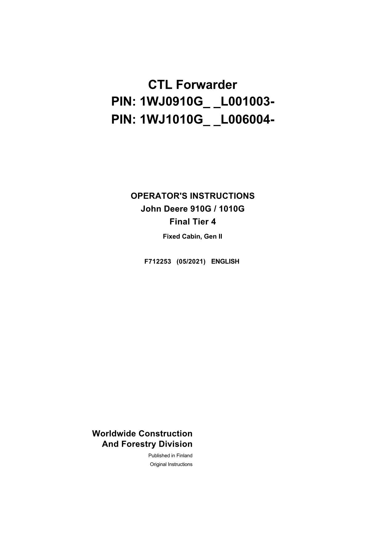 JOHN DEERE 910G 1010G FORWARDER OPERATORS MANUAL #1