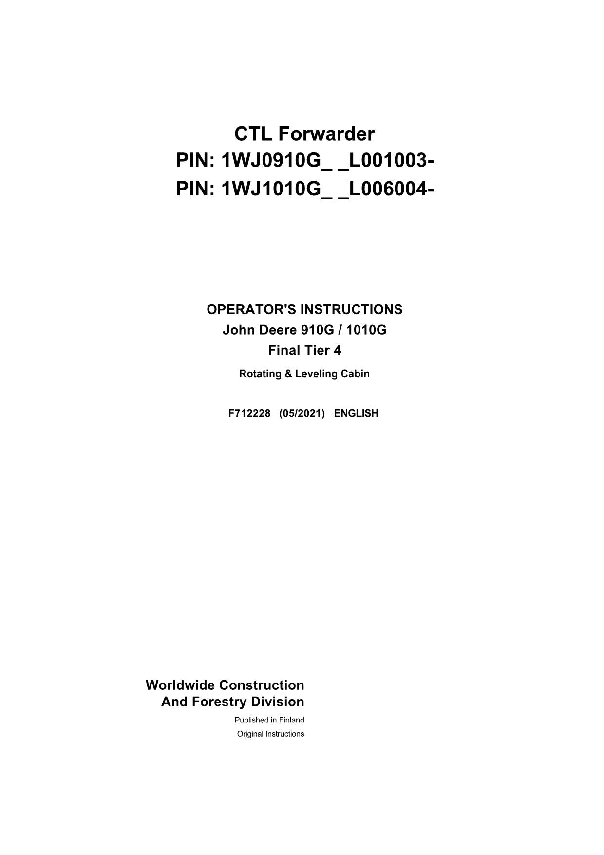 JOHN DEERE 910G 1010G FORWARDER OPERATORS MANUAL #2