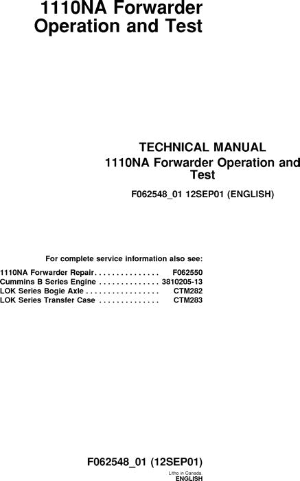 MANUEL D'ENTRETIEN ET DE TEST DE FONCTIONNEMENT DU TRANSPORTEUR JOHN DEERE 1110NA