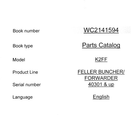 JOHN DEERE K2FF FORWARDER PARTS CATALOG MANUAL