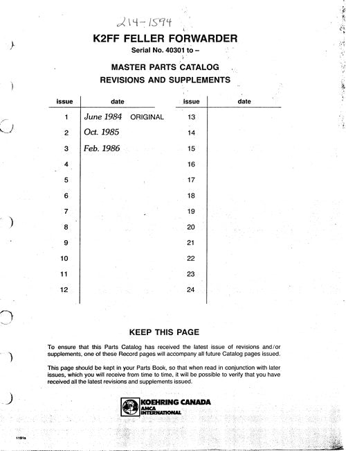 JOHN DEERE K2FF FORWARDER PARTS CATALOG MANUAL