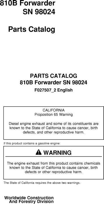 JOHN DEERE 810B FORWARDER PARTS CATALOG MANUAL 40301 AND UP