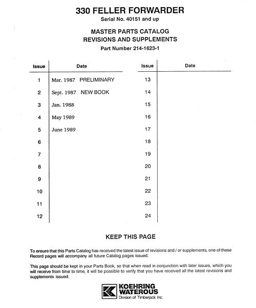 JOHN DEERE 330 FORWARDER PARTS CATALOG MANUAL