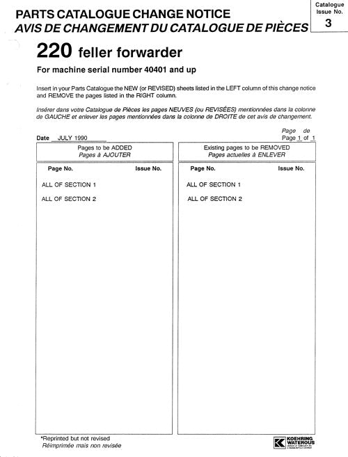 JOHN DEERE 220 FORWARDER PARTS CATALOG MANUAL