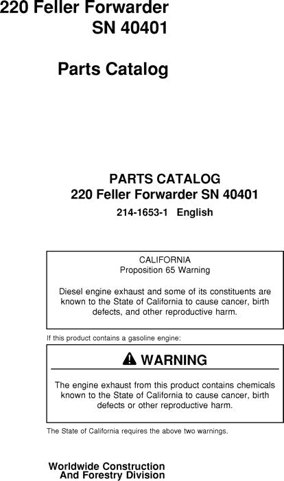 JOHN DEERE 220 FORWARDER PARTS CATALOG MANUAL