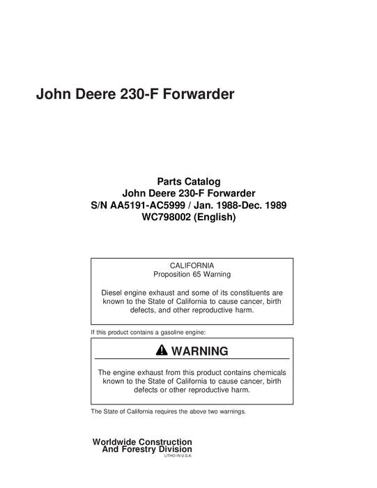 JOHN DEERE 230 FORWARDER PARTS CATALOG MANUAL AA5191-AC5999