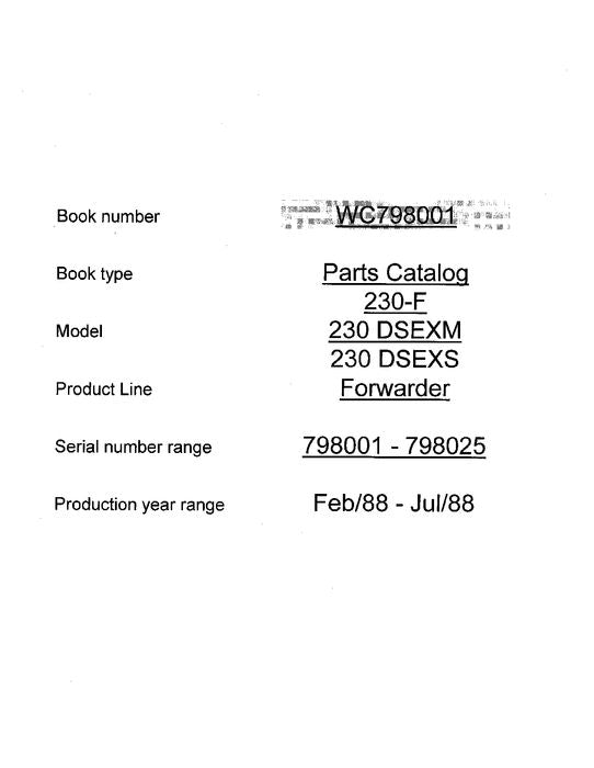 JOHN DEERE 230 FORWARDER PARTS CATALOG MANUAL 798001-798025