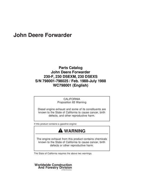 JOHN DEERE 230 FORWARDER PARTS CATALOG MANUAL 798001-798025