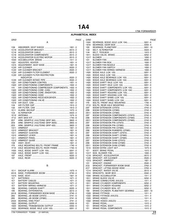 JOHN DEERE 1758 FORWARDER PARTS CATALOG MANUAL