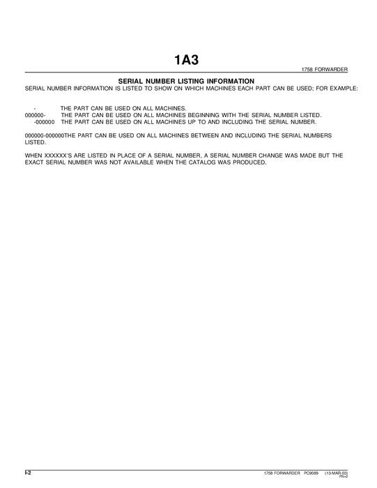 JOHN DEERE 1758 FORWARDER PARTS CATALOG MANUAL