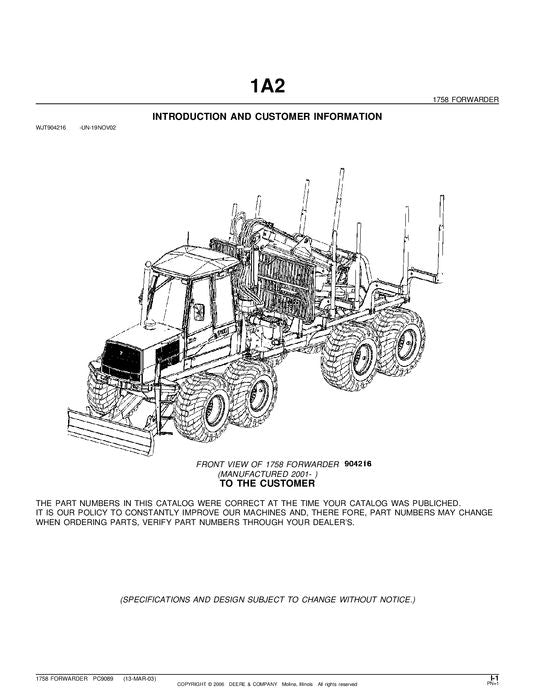 JOHN DEERE 1758 FORWARDER PARTS CATALOG MANUAL