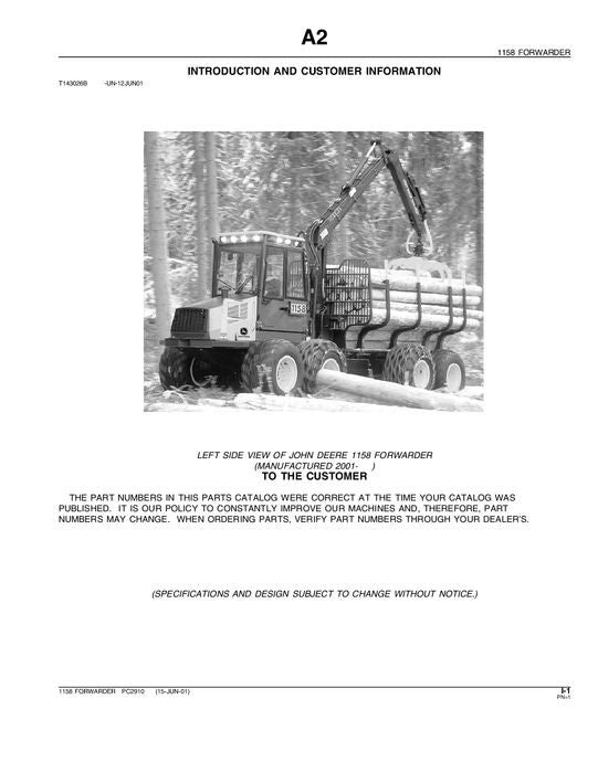 JOHN DEERE 1158 FORWARDER PARTS CATALOG MANUAL