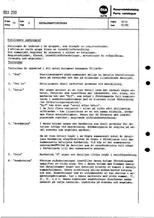 MANUEL DU CATALOGUE DES PIÈCES DU TRANSPORTEUR JOHN DEERE 250 ÖSA Ser. N°10 / 1981