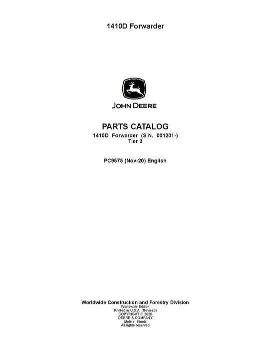 JOHN DEERE 1410D FORWARDER PARTS CATALOG MANUAL ser.001201-