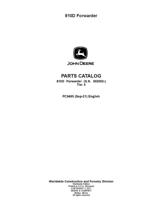 JOHN DEERE 810D T3 FORWARDER PARTS CATALOG MANUAL