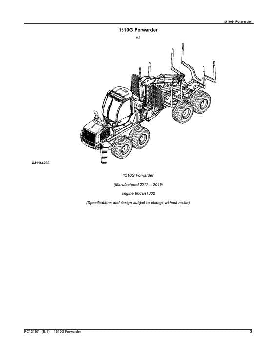 JOHN DEERE 1510G T2 RL FORWARDER PARTS CATALOG MANUAL serial 003601-