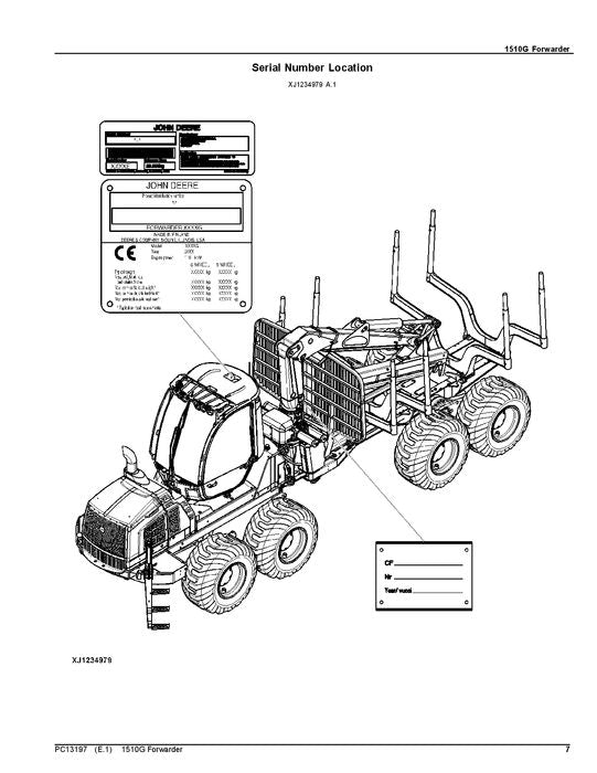 JOHN DEERE 1510G T2 RL FORWARDER PARTS CATALOG MANUAL serial 003601-