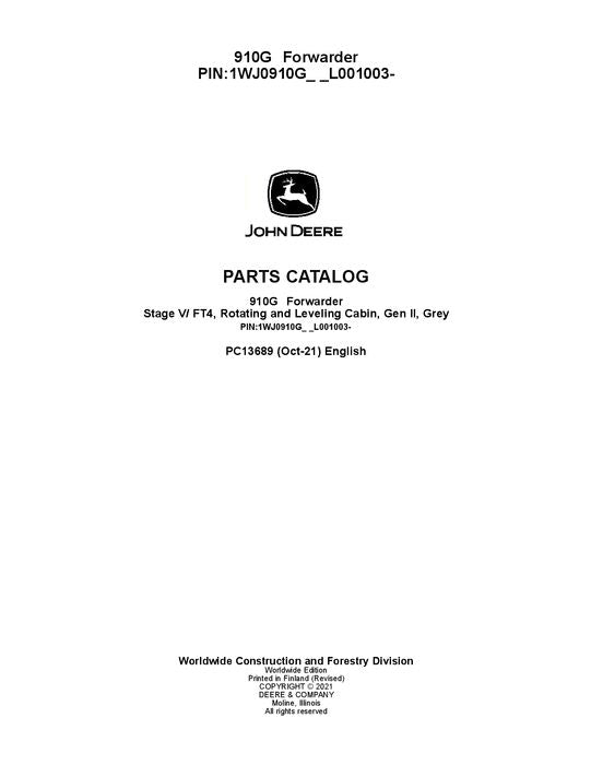 JOHN DEERE 910G FORWARDER PARTS CATALOG MANUAL 1WJ0910G -L001003-