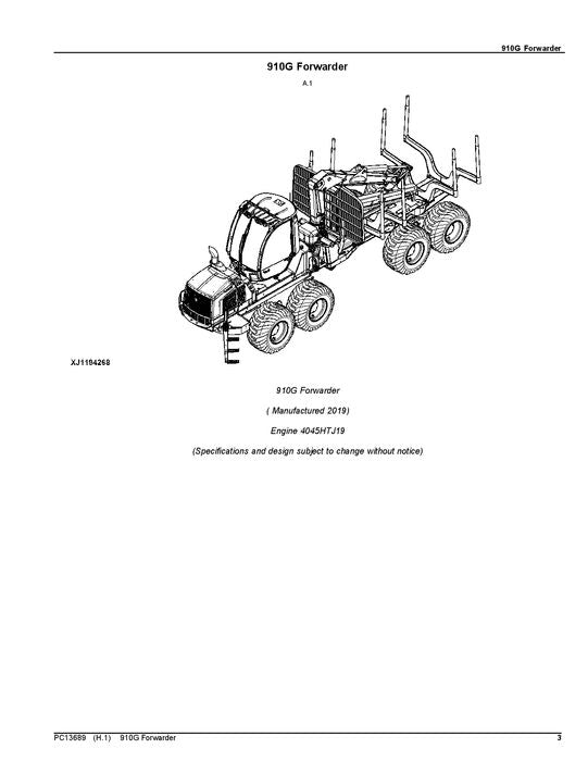 JOHN DEERE 910G FORWARDER PARTS CATALOG MANUAL 1WJ0910G -L001003-