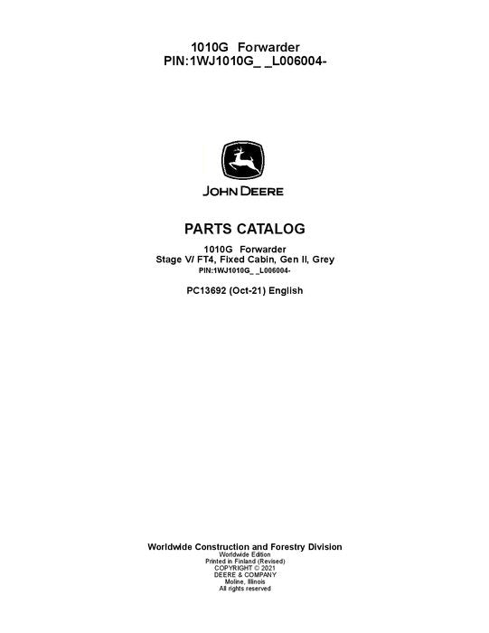 JOHN DEERE 1010G FORWARDER PARTS CATALOG MANUAL SER. 1WJ1010G_L006004