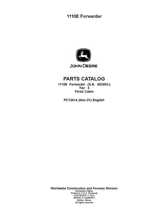 JOHN DEERE 1110E T3 FFC FORWARDER PARTS CATALOG MANUAL