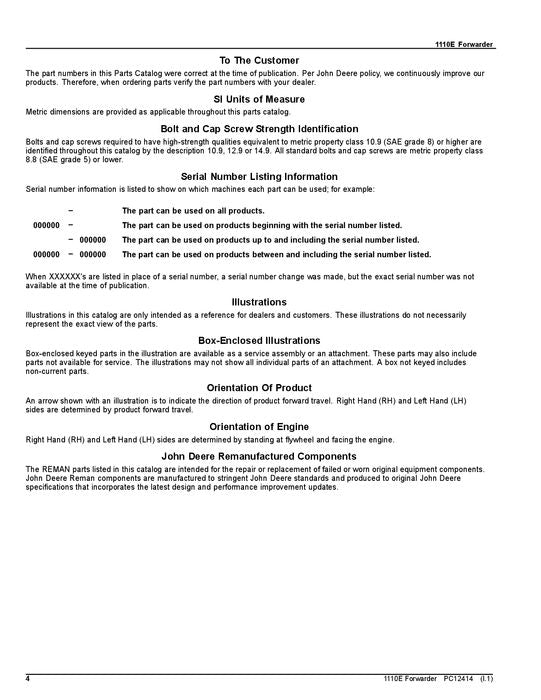 JOHN DEERE 1110E T3 FFC FORWARDER PARTS CATALOG MANUAL