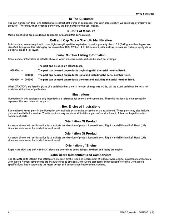 JOHN DEERE 1110E IT4 T2 FFC FORWARDER PARTS CATALOG MANUAL ser. 003801-