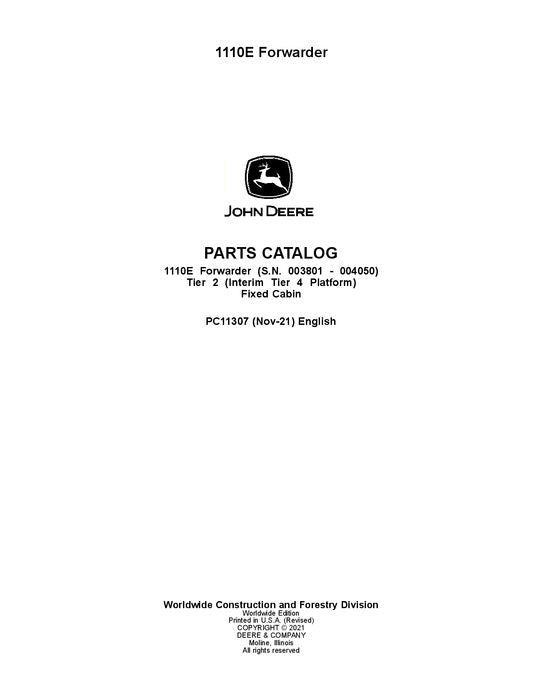 JOHN DEERE 1110E IT4 T2 FFC FORWARDER PARTS CATALOG MANUAL ser. 003801-