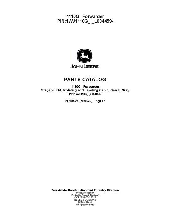 JOHN DEERE 1110G FT4 RL FORWARDER PARTS CATALOG MANUAL 1WJ1110G_L004459-